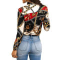 Bow Skinny Full Sleeve Single-breasted Patchwork Printed Women Blouses